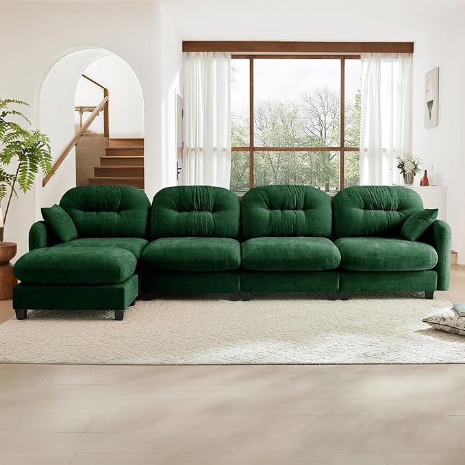 KEIKI 140" L-Shaped Oversized Chenille Modular Sectional Sofa with 1 Ottoman, High-Density Foam Cushions, Tufted Pleated Cushion Backrest, Modern 4-Seater Couch with 2 Pillow, for Living Room, Green