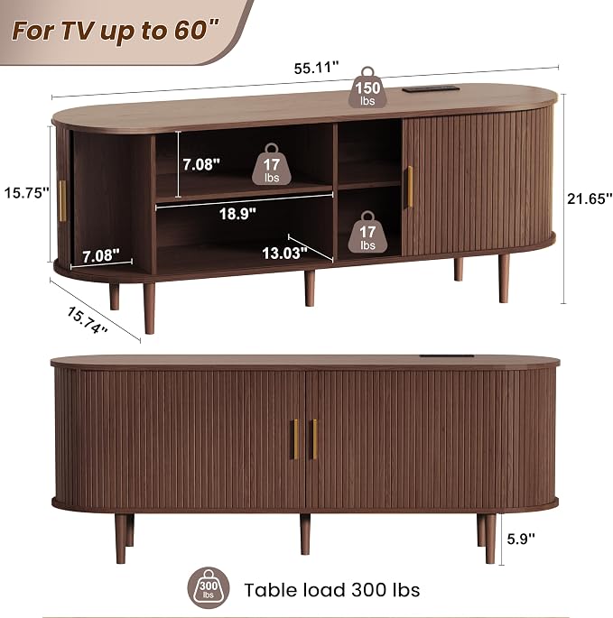 DHH 55 Inch Mid Century Modern TV Stand with Power Outlet for TVs up to 60 Inch, Entertainment Center with Storage and Adjustable Shelves, Media Console with Sliding Doors for Living Room(Walnut) - Image 2
