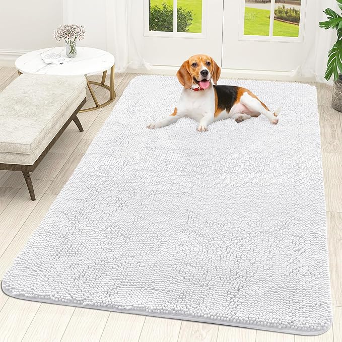 OLANLY Dog Door Mat for Muddy Paws 59x35, Absorbs Moisture and Dirt, Absorbent Non-Slip Washable Doormat, Quick Dry Chenille Mud Mat for Dogs, Entry Indoor Entryway Carpet for Inside Floor, White by OLANLY
