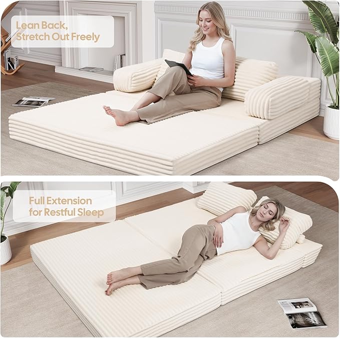 MeMoreCool Convertible Sofa Bed, Folding Floor Couch Bed Queen, Pull Out Sleeper Couch with Pillows, Fold Out Futon Sofa for Bedroom Living Room Small Space, Corduroy Beige