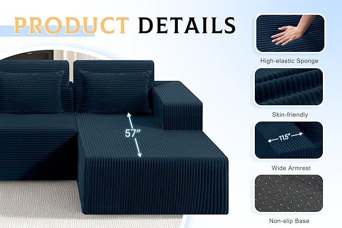 Homguava Modular Sectional Couches for Living Room,105" Cloud Couch with L-Shape Chaise,Comfy Sofa Living Room Sofas with Deep Seat,No Assembly L Couch,Corduroy Fabric(Blue,R)