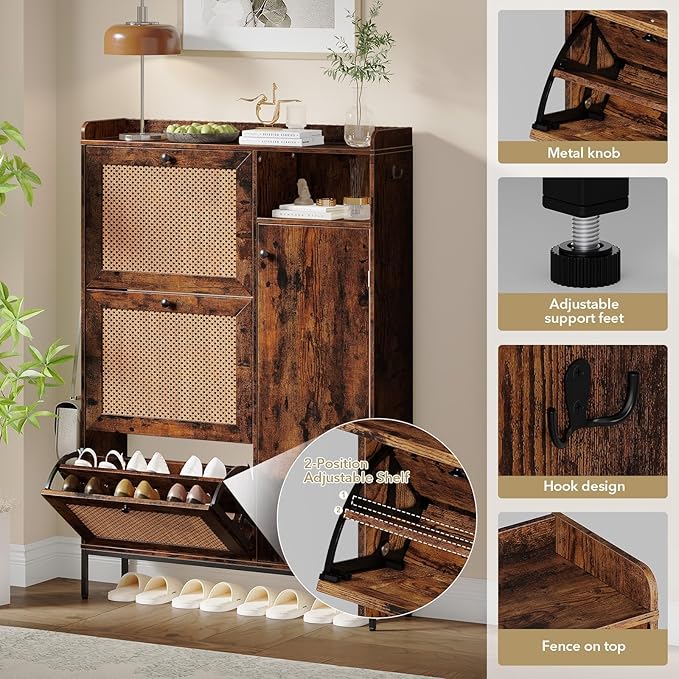 GarveeLife 3-Tier Rattan Shoe Cabinet with Flip Drawers, Adjustable Shelves and Narrow Storage Design, Perfect for Entryways, Hallways, and Bedroom Organization in Wood