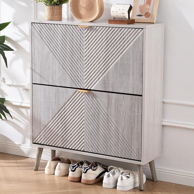 oakvivo Shoe Cabinet with 2 Flip Drawers, Freestanding Shoe Organizer with 4 Wooden feet, Modern Shoes Storage Cabinet for Entryway, Hidden Narrow Shoe Rack Cabinet for Foyer, Hallway, Mudroom, Grey - Image 3