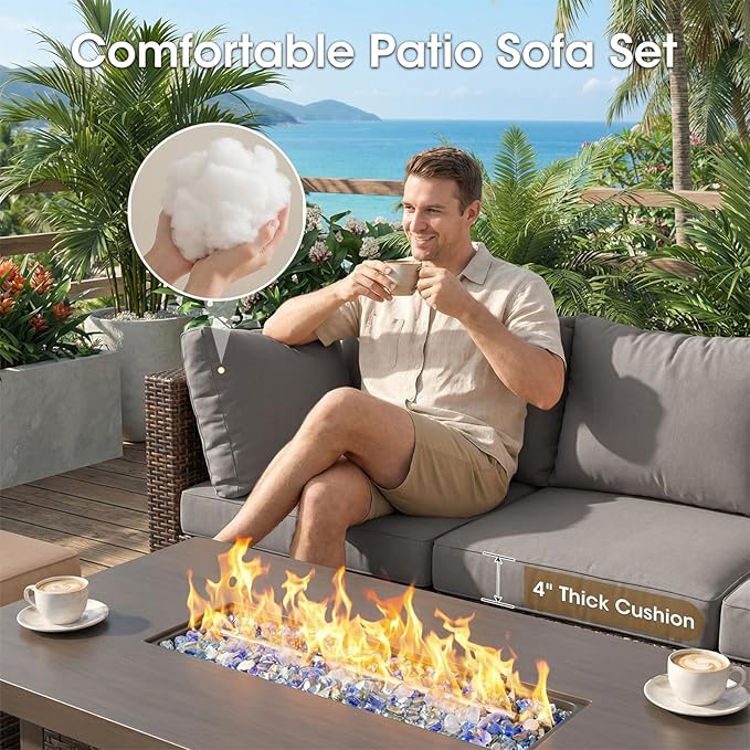 7 Piece Patio Furniture Set with 44" Fire Pit Table, Outdoor Sectional Couch, PE Rattan Patio Conversation Sets with 4inch Cushions for Backyard Grey (GY)