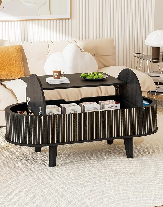 Oval Lift Top Coffee Table with Storage, Fluted 47" Wood Mid Century Modern Coffee Table for Living Room, Black