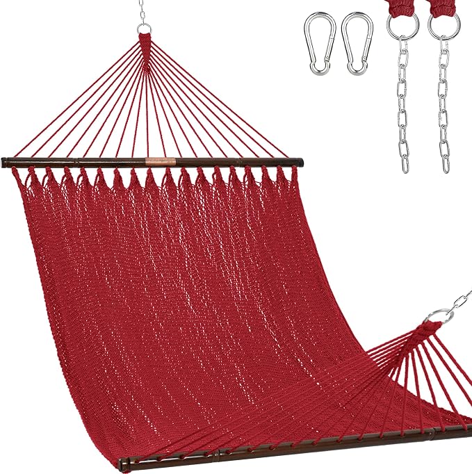 Lazy Daze Hammocks 10.5 FT Double 2 Person Caribbean Rope Hammock, Hand Woven Polyester Hammock with Spreader Bars, for Outside Outdoor Backyard Patio Poolside, 450 LBS Capacity, Red by LazyDazeHammocks