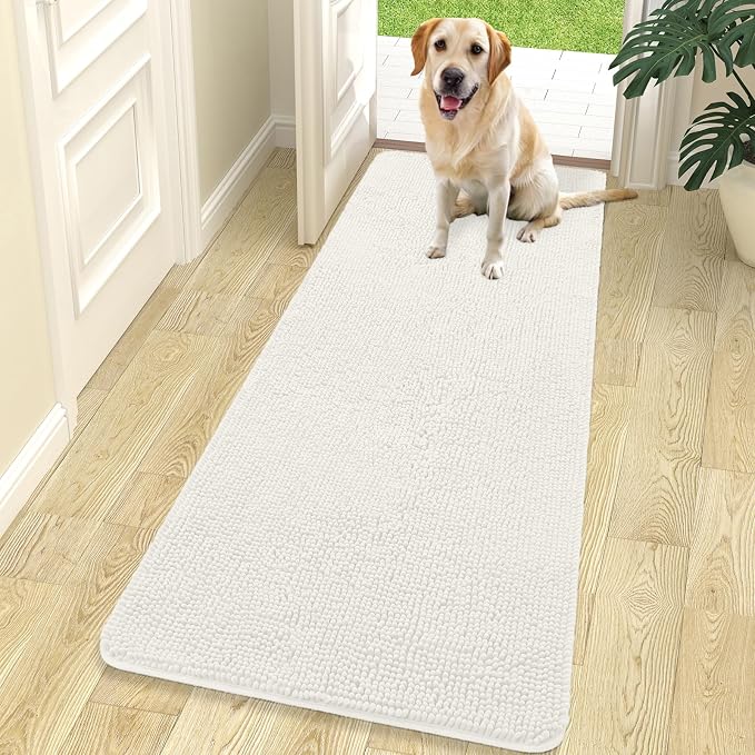 OLANLY Dog Door Mat for Muddy Paws 70x24, Absorbs Moisture and Dirt, Absorbent Non-Slip Washable Doormat, Quick Dry Chenille Mud Mat for Dogs, Entry Indoor Entryway Carpet for Inside Floor, Ivory by OLANLY