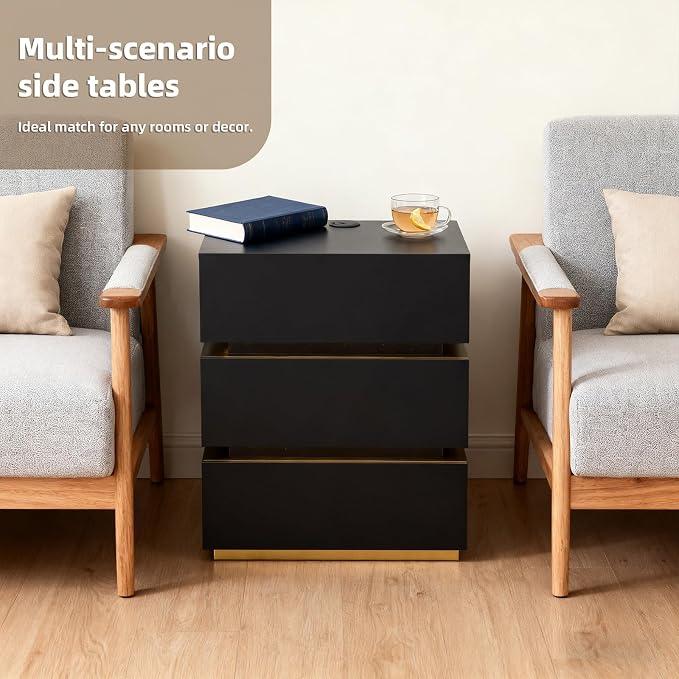 Nightstand Set of 2, LED Night Stand with Charging Station & 3 Storage Drawers, Modern Bedside Tables with USB Ports for Bedroom, Living Room - Image 8