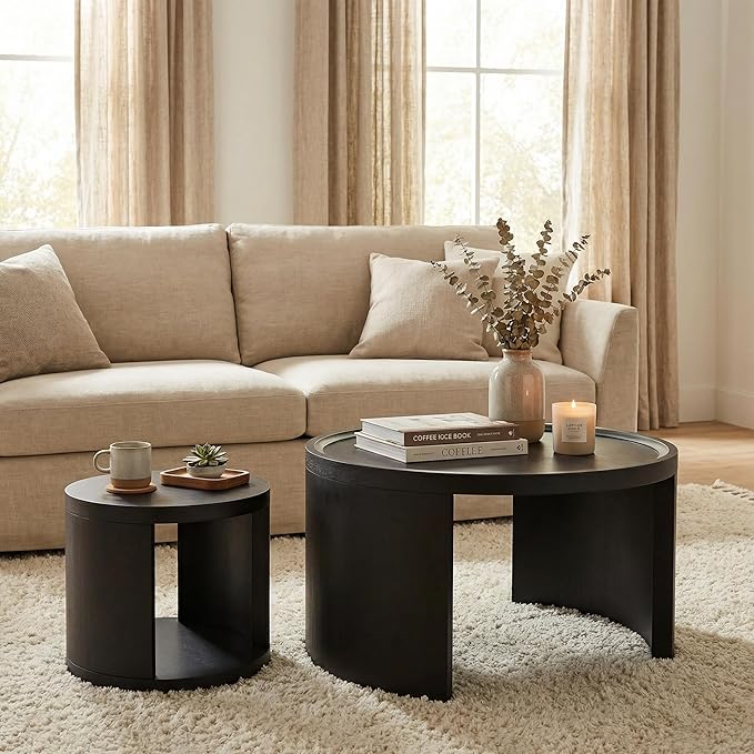 Round Nesting Coffee Table Set of 2, Black Coffee Table, 31.5" Large & 18" Small Low Tables with Wood Top, Center Table for Living Room, Bedroom, Minimalist Center Table Set