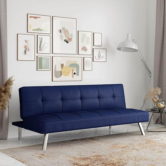 Serta® Rane Futon Sofa Bed 66.1", 3-in-1 Convertible Couch Sleeper for Small Spaces, Tufted Back, Twin Size Guest Bed, Blue Woven Fabric