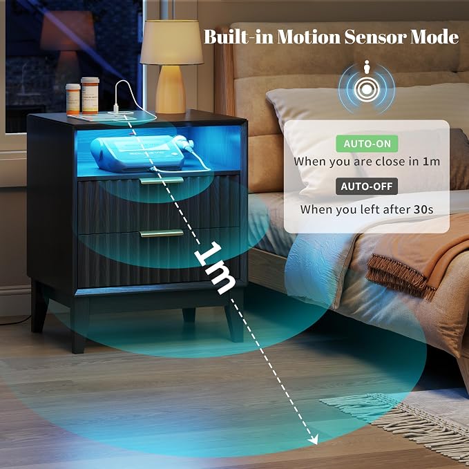 LVSOMT 20'W Fluted Nightstand Set of 2, Night Stand with Charging Station and LED Lights, RFID Lock Hidden Drawer, Mid Century Modern Bedside Table for Bedroom, 2 Drawers and Open Storage Cubby, Black - Image 7