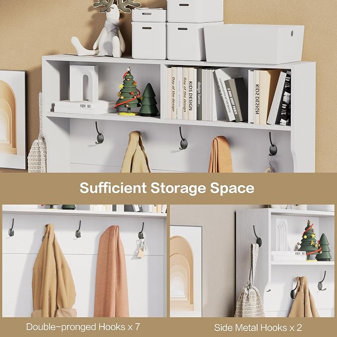 71" Hall Tree with Bench and Shoe Storage, Entryway Hall Tree with 2 Doors and 6 Adjustable Shelves, Cushioned Storage Bench with Coat Rack for Hallway, Living Room, Mudroom - Image 3