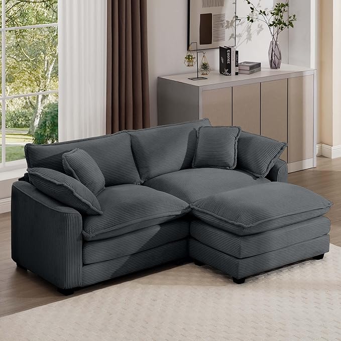 KEIKI 80" L-Shaped Oversized Corduroy Modular Sectional Loveseat Sofa with 1 Ottoman, High-Density Foam Cushions, Removable Armrests, Upholstered 2-Seater Couch with 4 Pillow, for Living Room, Grey