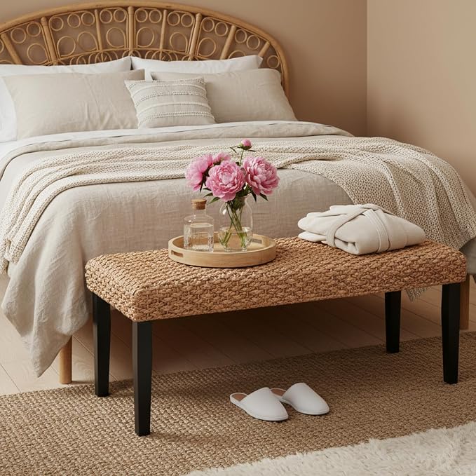 Solid Wood Acacia Indoor Bench with Natural Woven Seat, Boho Bench Entryway, Wood Bench for Living Room, Wooden Bench for Bedroom, Farmhouse Entryway Bench, Dining Benches (Black, Water Hyacinth) - Image 7
