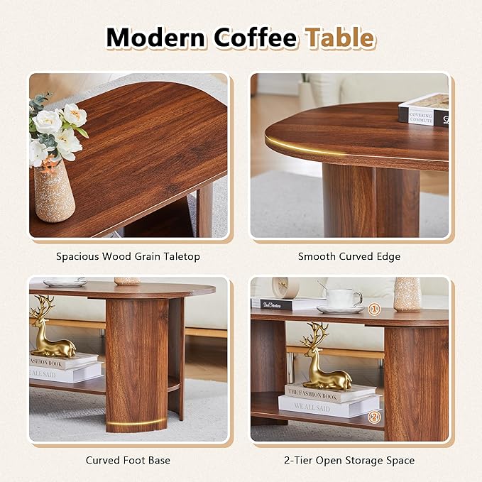 Oval Coffee Table for Living Room, 43.3” Farmhouse Coffee Tables with Storage, 2-Tier Wood Center Table with Storage Shelf Low Tea Table for Small Space, Home, Office, Easy Assembly (Walnut)