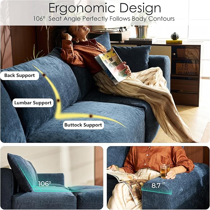 LINSY HOME Cloud Couch Sectional, Modular Sofa Sectionals for Living Room Bedroom, 91" 2 Seater Love Seat Couch with Ottoman, Deep Seat Cozy Couch Luxury Chenille Sofas, Blue