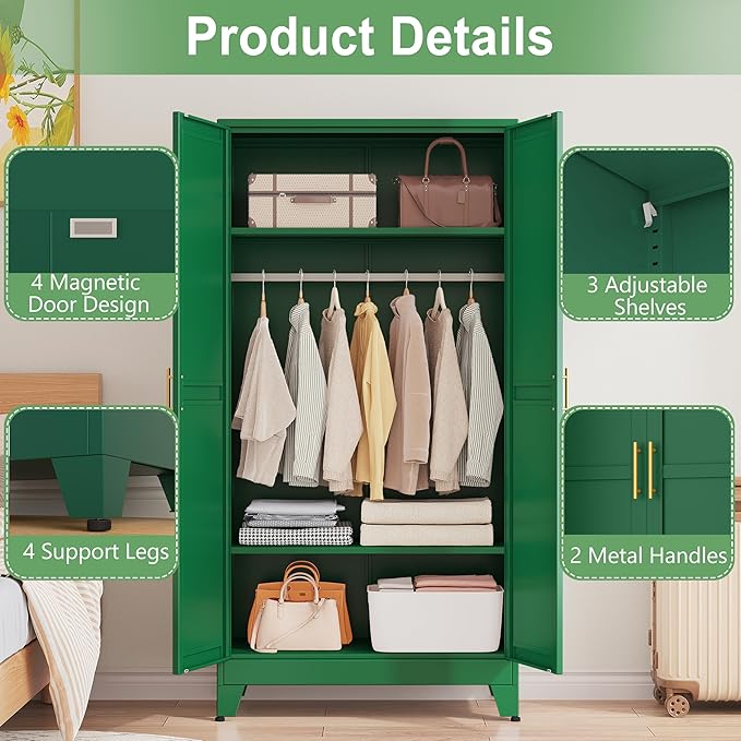 Ckzbx 71" H Metal Armoire Wardrobe Closet, Adjustable Shelve, Clothes Drying Pole, Steel Wardrobe Cabinet for Bedroom (Green)