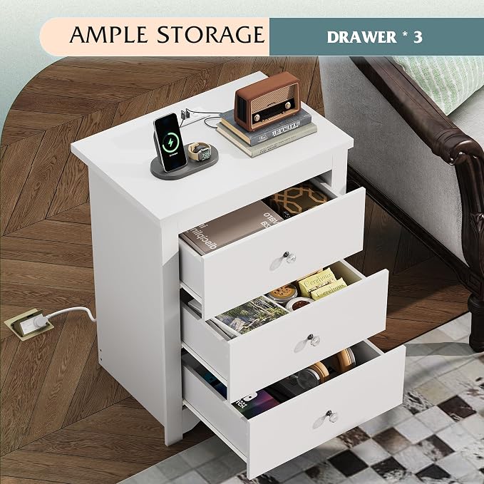 WLIVE White Nightstand with Charging Station, Wood Night Stand with 3 Drawers Storage, Tall Bedside Table End Side Tables with 2 USB Ports and Outlets for Bedroom, Closet, White - Image 5