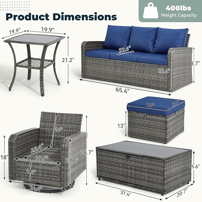 7 Pieces Outdoor Patio Furniture Set with Swivel Chairs, Wicker Patio Furniture for Porch Deck Bistro Lawn Garden Backyard Poolside-Blue