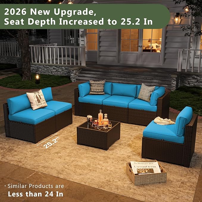 Aoxun 7 Piece Patio Furniture Set, Wicker Rattan Patio Sectional Sofa, Outdoor Furniture Set with Thickened Cushion, Light Gray