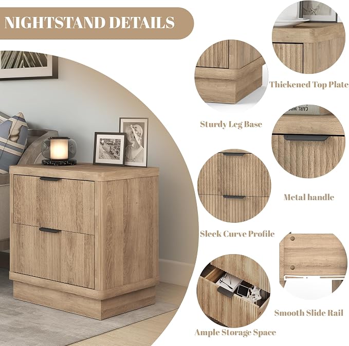 Fluted Nightstand Set of 2, Bedside Table with 2 Drawer, Modern End Table Large Wooden Oak Sofa Side Table, Night Stand for Bedroom, Small Space - Image 4