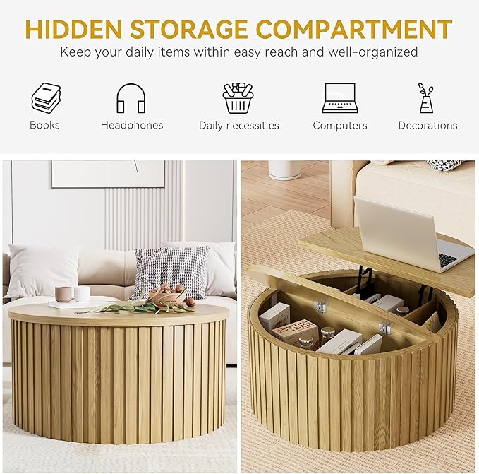 Fluted Lift Top Coffee Table with Storage, 31.5'' Farmhouse Round Coffee Tables for Living Room, Modern Wood Center Tables with Hidden Compartment for Home, Office (Wood Color)