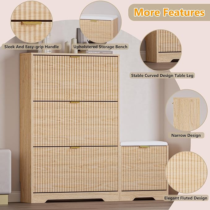 BORNOON Slim Shoe Cabinet with Bench for Entryway, Hidden Storage and Adjustable Shelves, Free Standing Wooden Shoes Organizer for Hallway, Foyer - Image 4