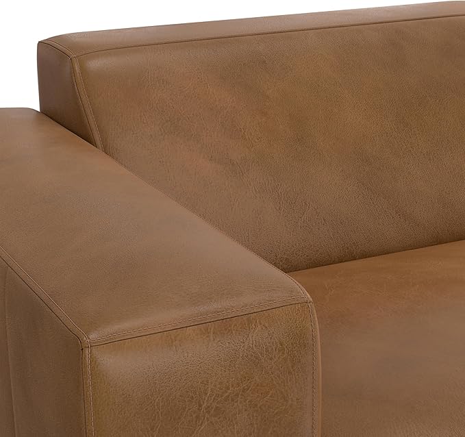 SIMPLIHOME Rex Left-Arm Sofa Module in Full-Grain Genuine Leather, Caramel Brown, 44-inches Wide, Handcrafted Modern-Style Left-Arm Accent Chair for Living Room and Family Room