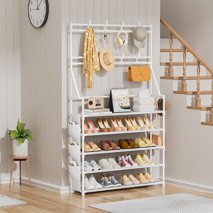 OYREL Shoe Rack 5 Tier Shoe Racks Organizer 20-25 Pairs Shoes Rack for Closet Entrance Shoe Storage Shelf with Hooks and Side Pocket Entryway Shoe Holder Space Saving Free Standing Shoe Racks - Image 4