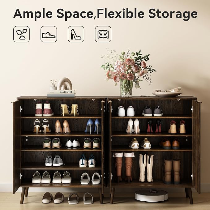 Fluted Shoe Cabinet with Doors Set of 2, 5-Tier Shoe Storage Cabinet with Adjustable Shelves, Wooden Freestanding Shoe Organizer Shoe Cabinet for Entryway,Hallway,Living Room, Walnut - Image 3