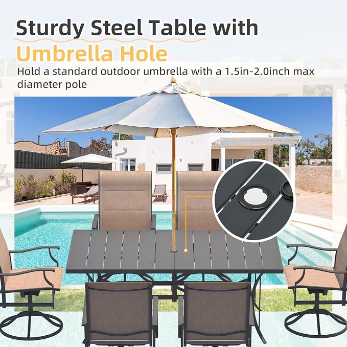 BUPPLEE Outdoor Patio Dining Set with 6 Swivel Chairs, Metal Table with Umbrella Hole, 7-Piece Patio Table and Chairs for Backyard, Poolside, Balcony and Garden (Brown) - Image 4