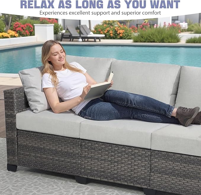 ABCASA 9-Piece Patio Furniture Set with Fire Pit Table | Indoor Comfort for Outdoor Living | Weather-Resistant Wicker & Ultra-Thick Cushions | Grey Patio Conversation Set for Deck, Porch, Poolside