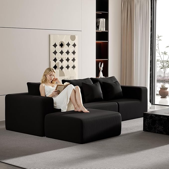 Modern Modular Sectional Sofa for Living Room, Cloud Sectional Couch Sectional Ottoman, Deep Seat, No Assembly Required Black