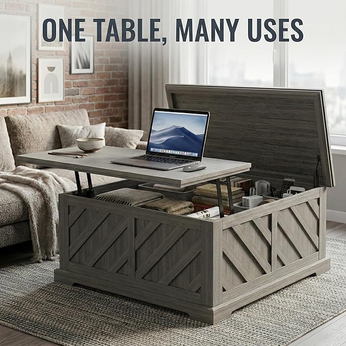 Amada Lift Top Coffee Table with Storage, Smooth Lifting Center Table with Hidden Compartment, Diagonal Pattern Wood Coffee Table for Living Room and Home Office, Gray