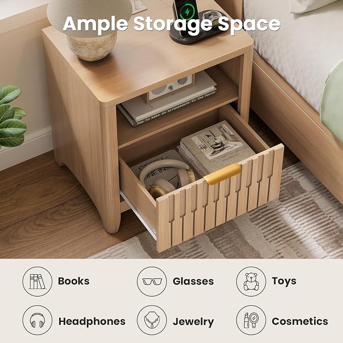 Fluted Nightstand with Charging Station, Modern Bedside Table with Storage Drawer, Open Shelf & Curved Corner, Mid Century Night Stand End Side Table for Bedroom, Natural Oak - Image 6