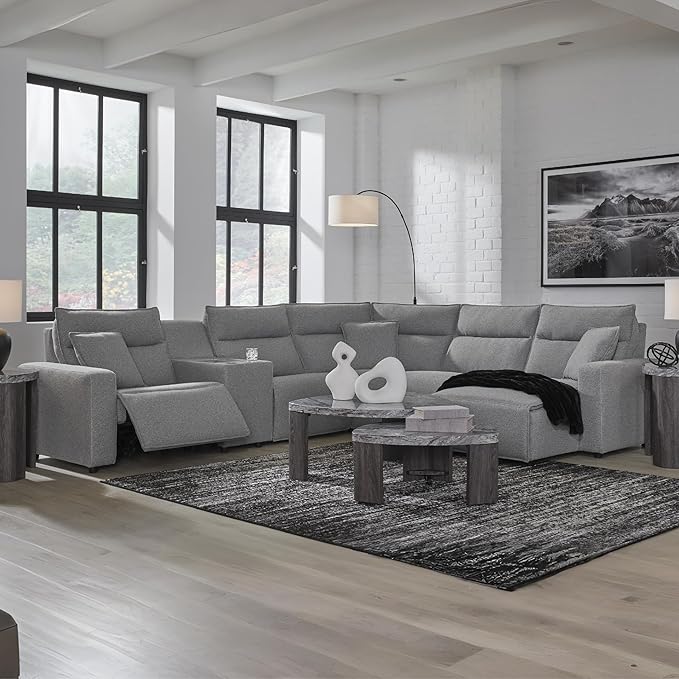 Signature Design by Ashley Modern ModMax II Stain Resistant U-Shape Left-Arm Facing 6-Piece Power Reclining Sectional with Chaise and Adjustable Headrest, Gray
