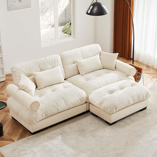KEIKI 94" L-Shaped Oversized Velvet Modular Sectional Loveseat Sofa with 1 Ottoman, High-Density Foam Cushion, Bolstered Armrest, Upholstered 2-Seater Cloud Couch with 4 Pillow, for Living Room, Cream