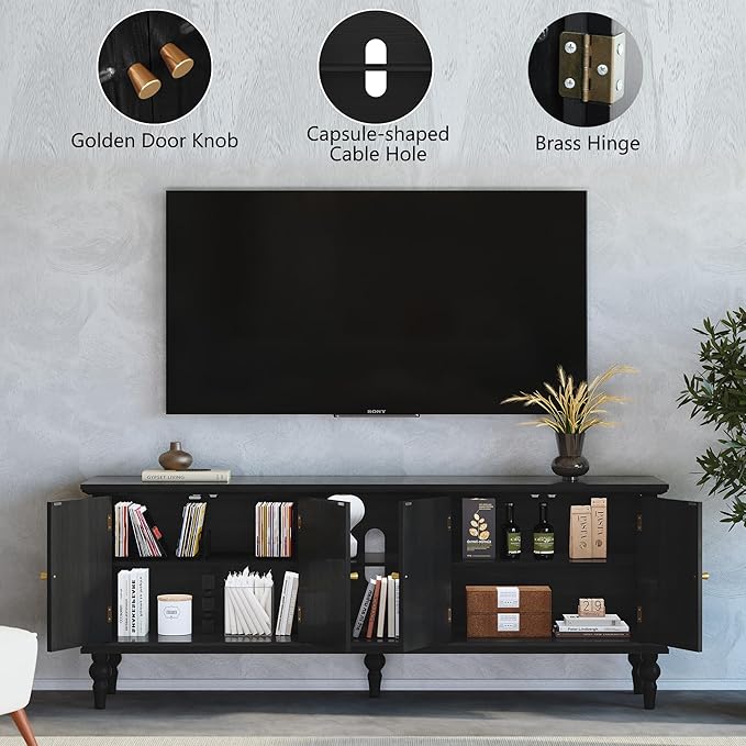 3More 67" Mid Century Modern TV Stand with Window Design,Wood Entertainment Center with Open Shelf,Up to 70" Media TV for Living Room or Bedroom,Black - Image 4