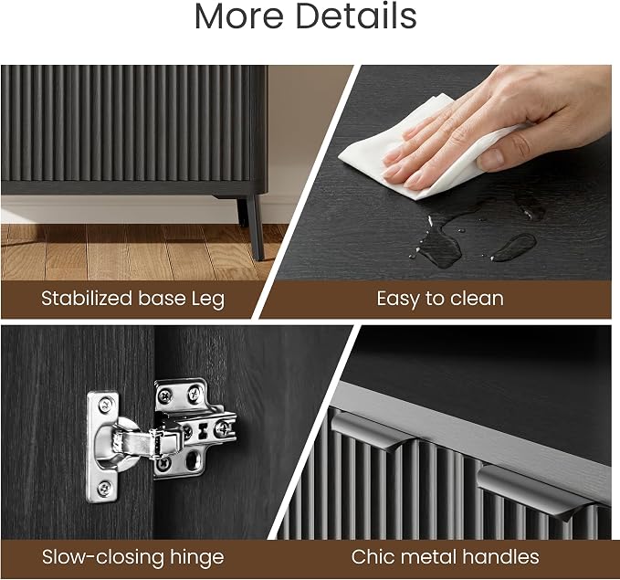 Fatmok Fluted Buffet Cabinet with Storage, 31.4" Wide Wood Sideboard Credenza with 2 Doors & Open Storage Shelf, Modern Coffee Bar Table for Living Room Kitchen Dining Room,Black Grey - Image 5