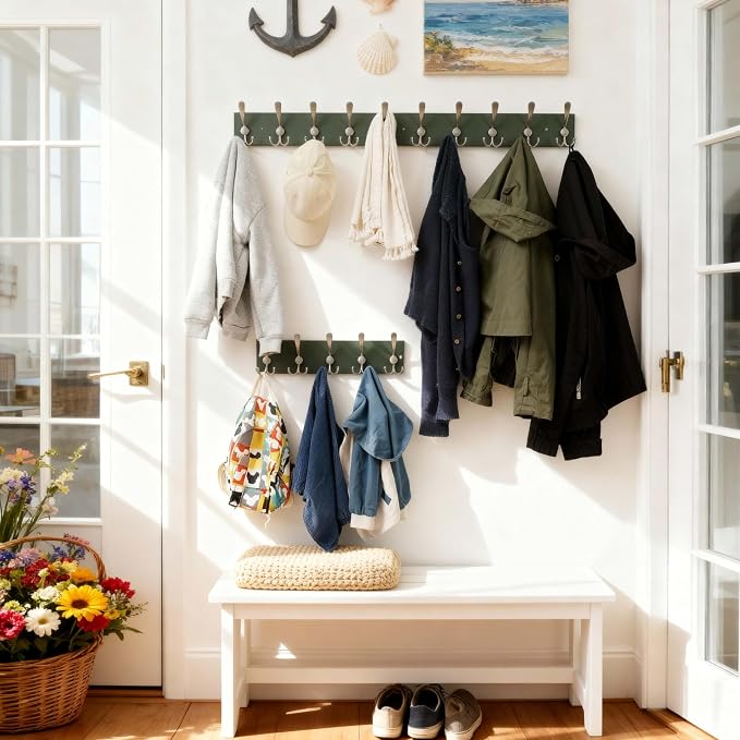 SKOLOO Creations Forest Green Solid Wood Wall Mounted Coat Rack, 10 Hooks, 38-1/8" Long - Kitchen, Mudroom, Entryway, Bathroom - Includes Mounting Hardware, Wall Coat Hanger, Towel Rack - Image 6