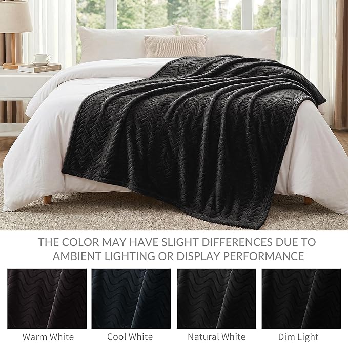Exclusivo Mezcla King Blanket for Bed, Cozy Lightweight Fleece Blankets for All Season, Decorative Giftable Fuzzy Plush Wave Textured Suitable for Women, Men, Black, 90x104 Inches