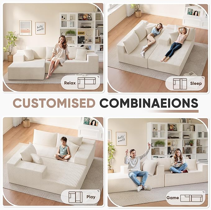 Homall 108" Modular Sectional Sofa, Boneless Couch with L-Shape Chaise, Cloud Couch with Deep Seat Upholstered, No Assembly Required for Living Room, Bedroom (Corduroy, Beige)