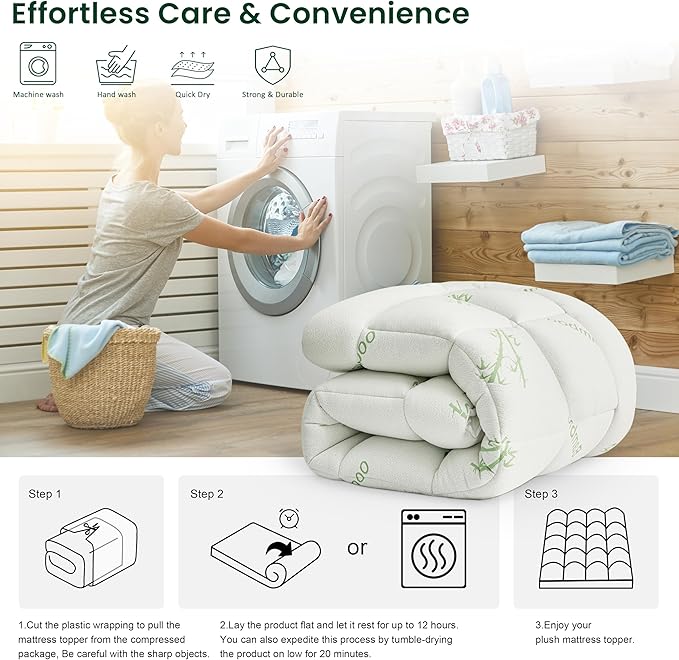 Love's cabin King Mattress Topper Viscose Derived from Bamboo, Thick Pillow Top Mattress Pad with Stretchable Pockets for 8"-20" Mattress, Breathable Cooling Mattress Topper for Hot Sleepers, Green