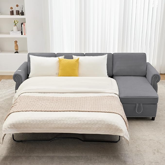 ERYE L-Shaped Reversible Sectional Sofa with Pull Out Queen Memory Mattress Sleeper Bed, 2-in-1 L-Shaped Corner Sectional Couches W/Wireless Charging, Storage Chaise Lounge