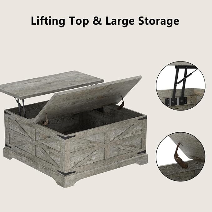 Furnideco 35.5''W Square Coffee Table Farmhouse Lift top Coffee Table with Large Hidden Storage, Wood Center Table for Living Room, Home Office, Rustic Grey