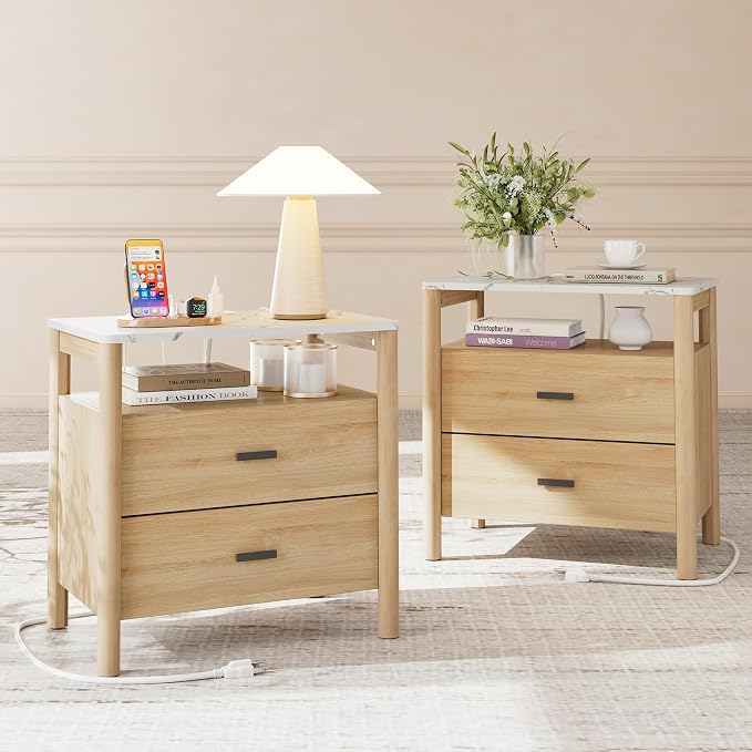 Night Stand Set 2, 23" Nightstands Set of 2, Modern Nightstand with Charging Station & Faux Marble Top, 2 Drawer End Table with Solid Round Post Legs, Bedside Table for Bedroom, Natural Oak by FavourLife