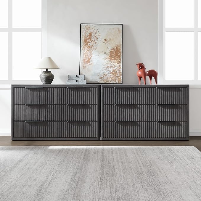 SICOTAS Dresser for Bedroom 107" Wide 6 Drawer Dressers & Chests of Drawers for Closet Long Large Modern TV Stand Set for Clothes Storage Fluted Clothes Closet for Hallway Entryway, Dark Grey Alder - Image 2