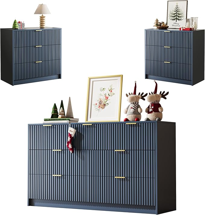 MAISONARIA 3-Piece Dresser Bedroom Set, 7 Drawer Dresser & 3 Drawer Nightstands with Gold Handles, Fluted Wood Chest of Drawers for Bedroom, Living Room, Entryway, Navy Blue