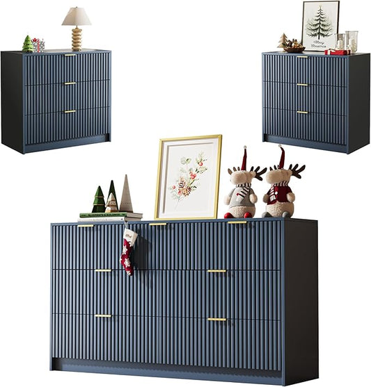 MAISONARIA 3-Piece Dresser Bedroom Set, 7 Drawer Dresser & 3 Drawer Nightstands with Gold Handles, Fluted Wood Chest of Drawers for Bedroom, Living Room, Entryway, Navy Blue