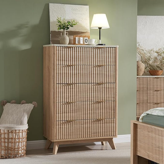 T4TREAM Fluted 5 Drawers Dresser, 48" Tall Modern Chest of Drawers with Faux Marble Top, Curved Profile Design, Wood Drawer Organizer for Bedroom, Living Room, Hallway, Entryway, Natural Oak by T4TREAMFurniture